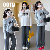 韩版 新款 宽松露肩T恤设计感减龄孕妈上衣 裤 孕妇装 子两件套装 春季