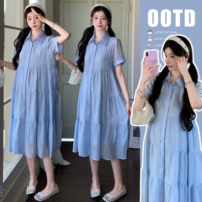 孕妇装夏装新品韩版时尚宽松简约风蓝色衬衫裙中长款宽松连衣裙子