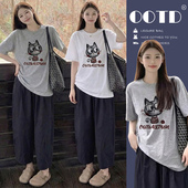 纯棉T恤宽松中长款 外穿薄款 短袖 上衣 子两件套穿搭 孕妇套装 裤 夏季