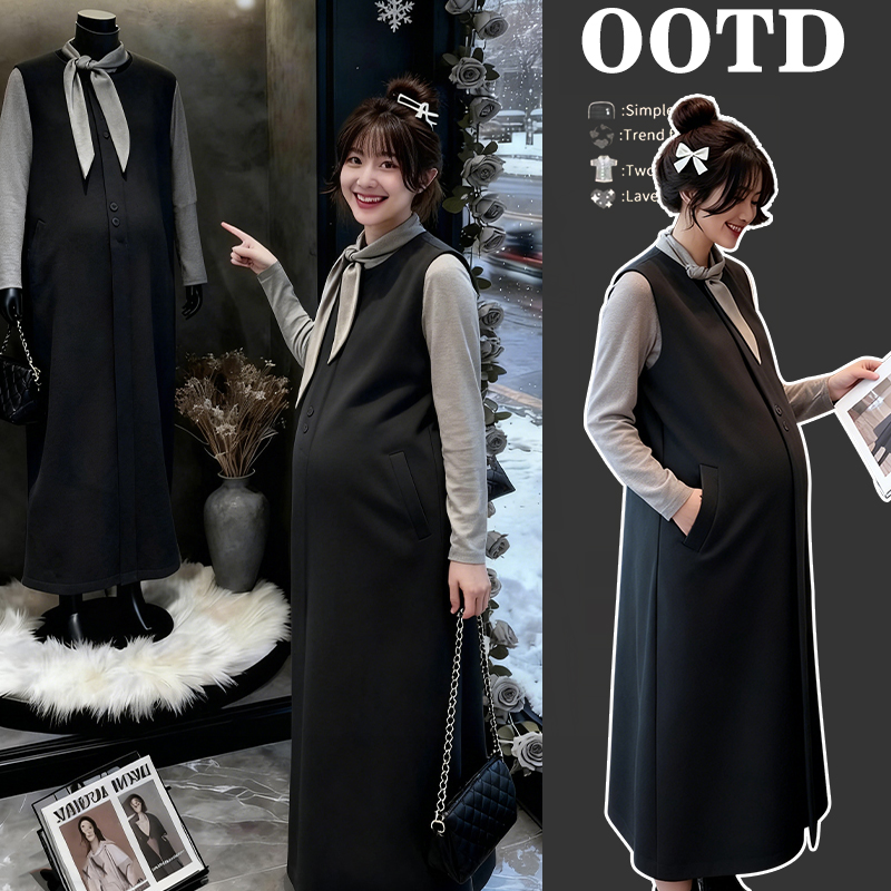 孕妇装冬季新款减龄打底衫叠穿毛呢背心裙休闲温柔风连衣裙两件套