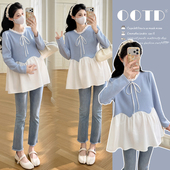 洋气木耳边拼接甜美减龄宽松娃娃衫 孕妇上衣潮妈时尚 显瘦 新款 春季