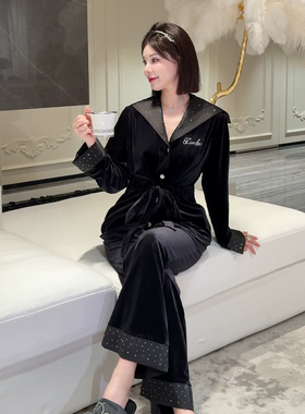 海军翻领烫钻气质显瘦丝绒家居服黑色睡衣女套装秋冬