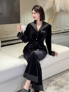 海军翻领烫钻气质显瘦丝绒家居服黑色睡衣女套装秋冬