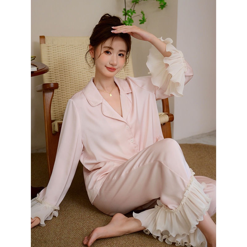 冰丝睡衣女春秋季2023新款时尚宽松长袖套装甜美高级设计感家居服