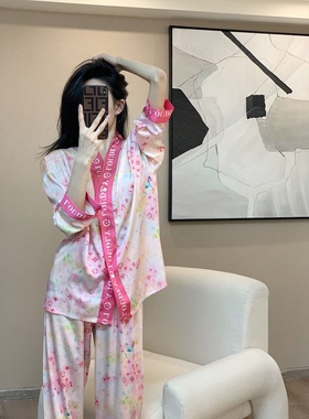 冰丝睡衣女小香风2023新款高级感仿真丝长袖两件套装可外穿家居服