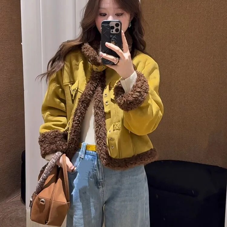 皮毛一体羊羔毛外套女2025冬新款韩版复古撞色仿麂皮绒夹克机车服