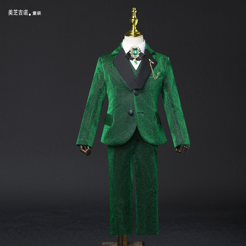 男童绿色西服套装儿童西装中大童花童礼服主持走秀表演钢琴演出服