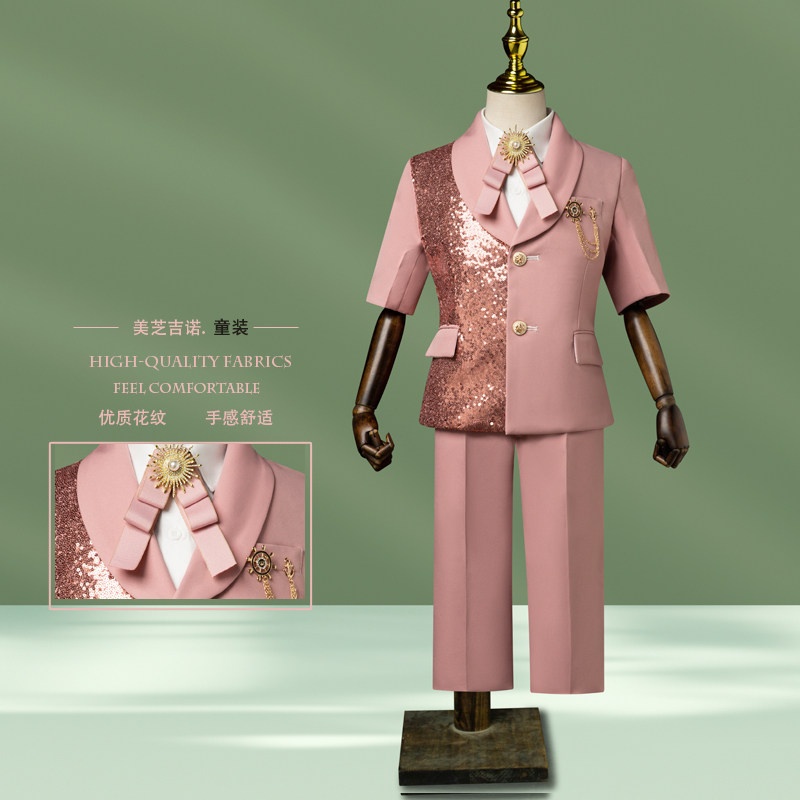 儿童短袖礼服主持人高端走秀服装西服男童礼服潮男孩钢琴演出服
