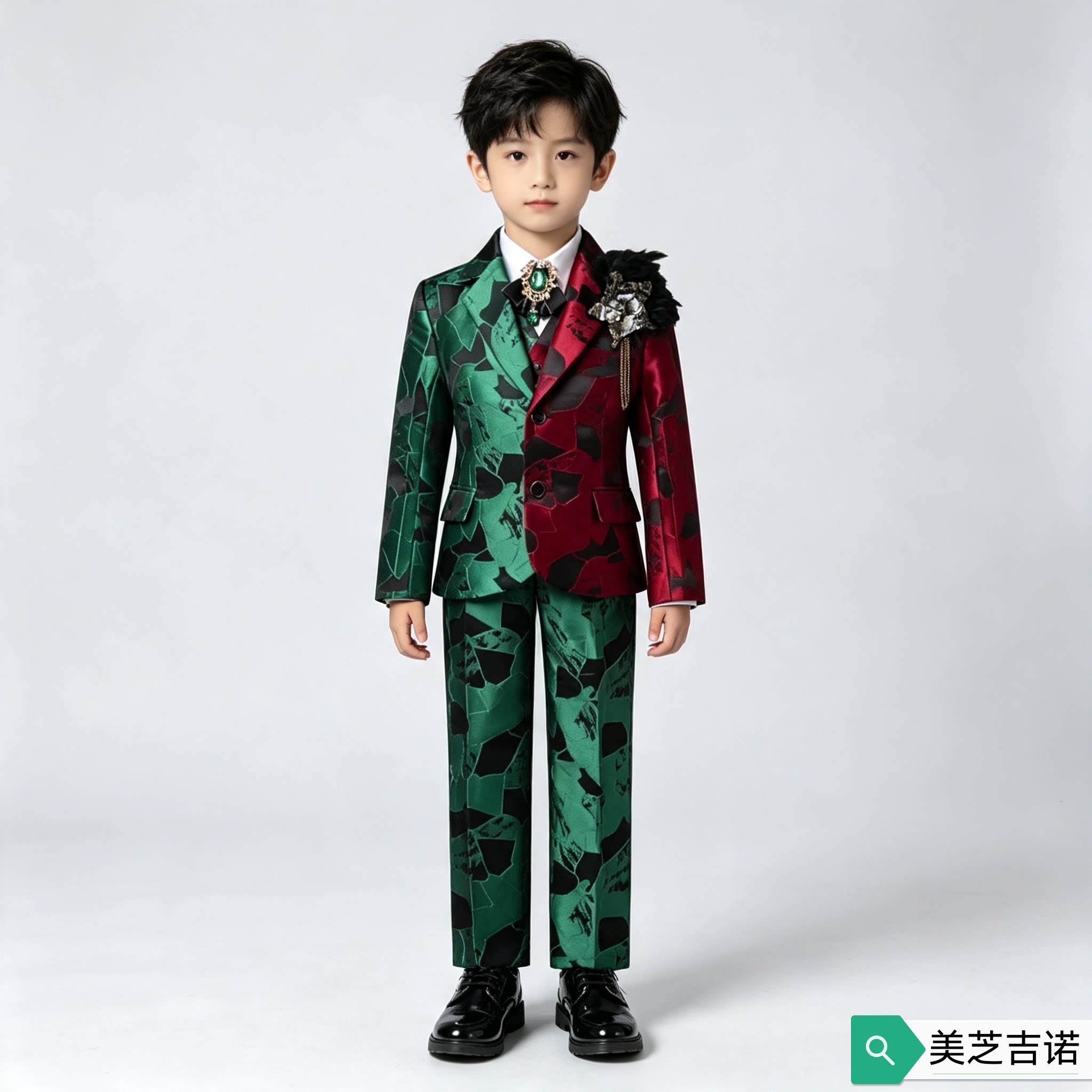 美芝吉诺男童红色提花小西服T台模特走秀演出服花童表演礼服宝宝