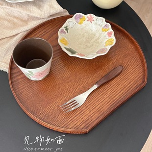 日式水曲柳半月形实木托盘家用客厅茶几拍照道具咖啡店一人食托盘
