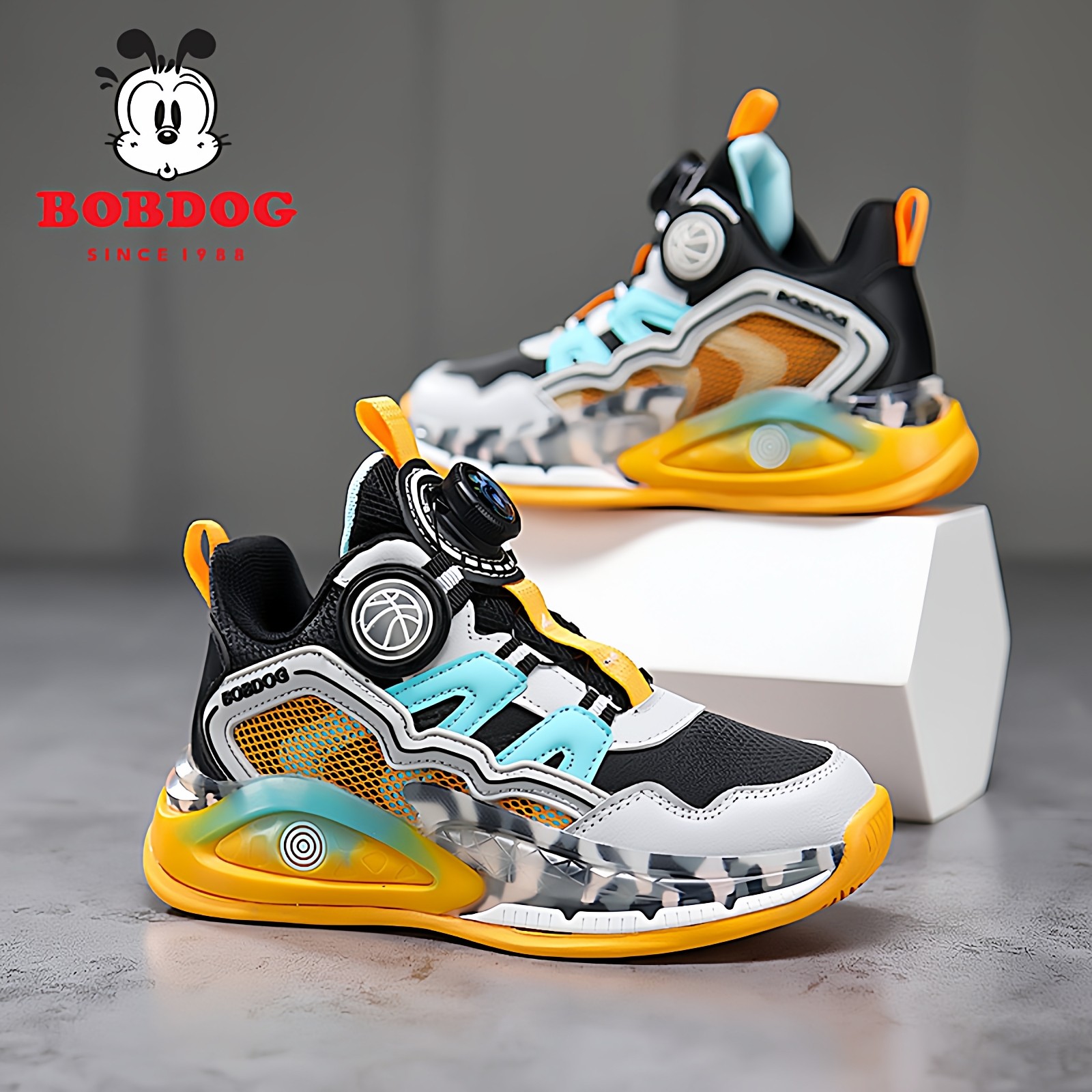 巴布豆男童篮球鞋春秋新款旋转扣防水透气儿童运动鞋子男中大童鞋