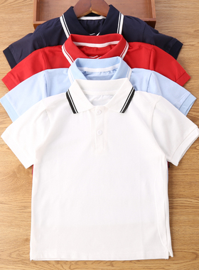 儿童校服短袖T恤polo衫白色夏季短中小学生中大童校服短袖T恤男童