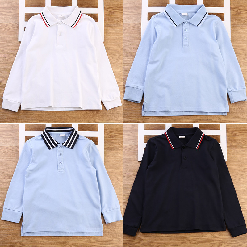 中小学生校服长袖POLO衫蓝色领子