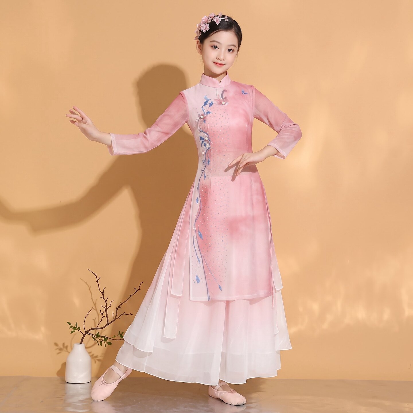 儿童古典舞演出服渐变身韵纱衣旗袍粉色练功服少儿中国舞蹈表演服图片