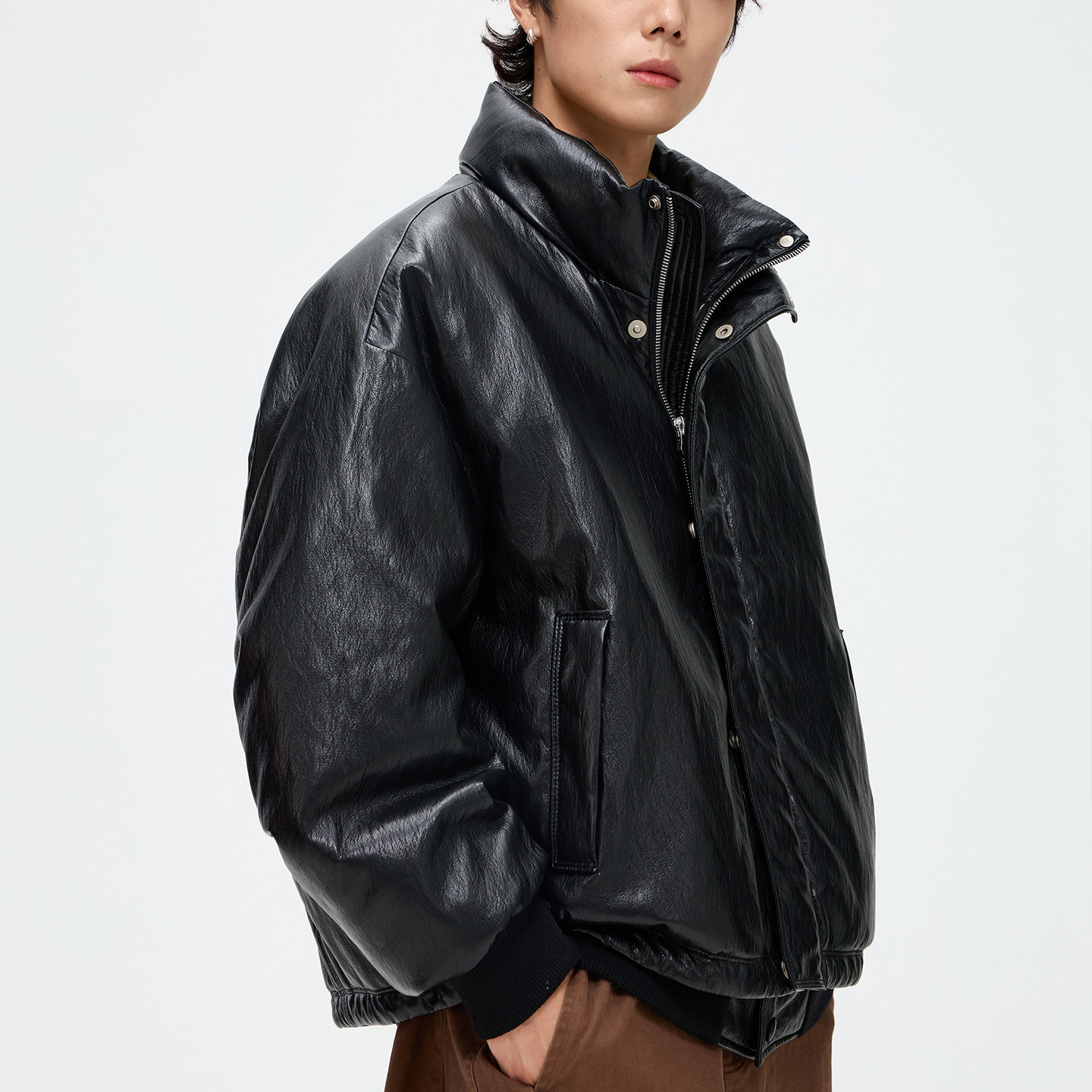 “90白鸭绒”ULSTA 男士立领复古机车皮衣夹克外套羽绒服美式潮流