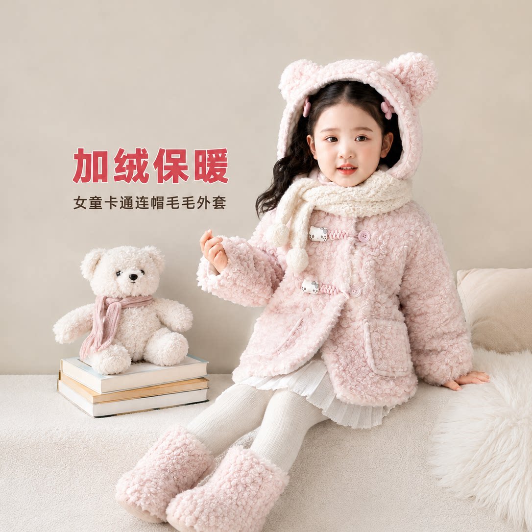 女小童羊羔绒连帽外套粉色毛毛衣冬季加绒加厚学院风洋气保暖上衣