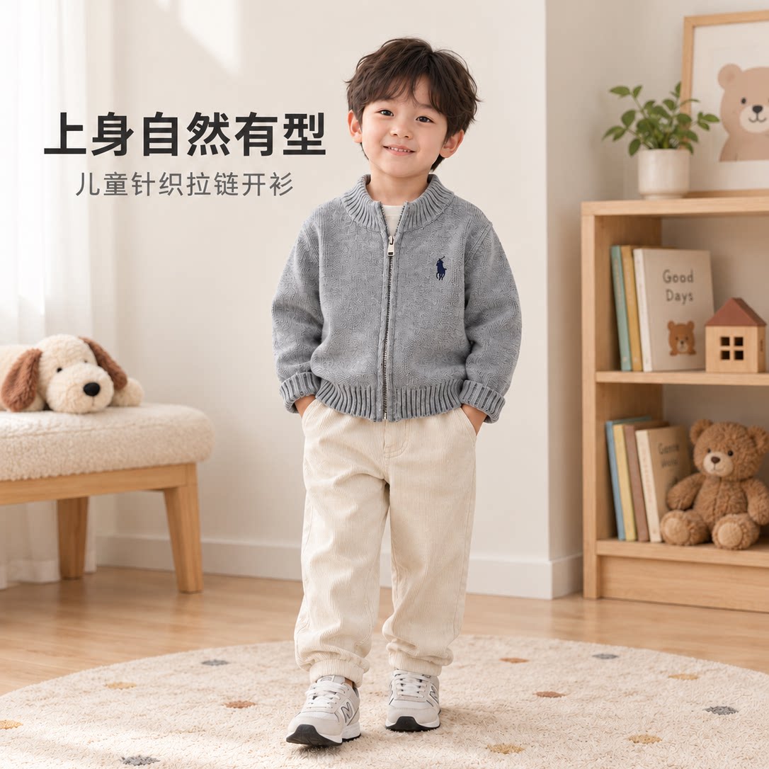 2026新款儿童外套简约风儿童灰色拉链针织开衫男女通用修身圆领