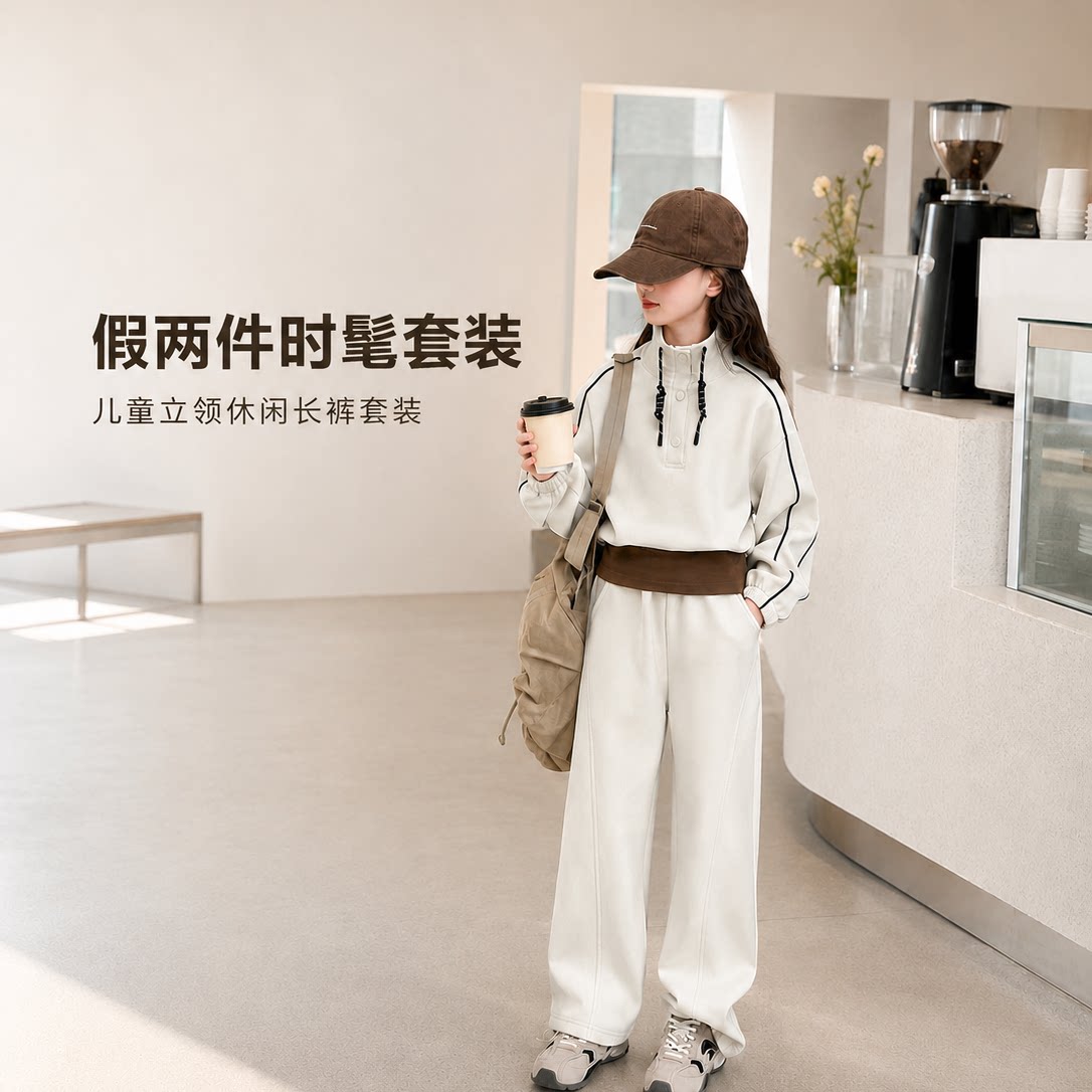 女童春秋卫衣套装儿童潮范新款假两件立领外套大童休闲两件套