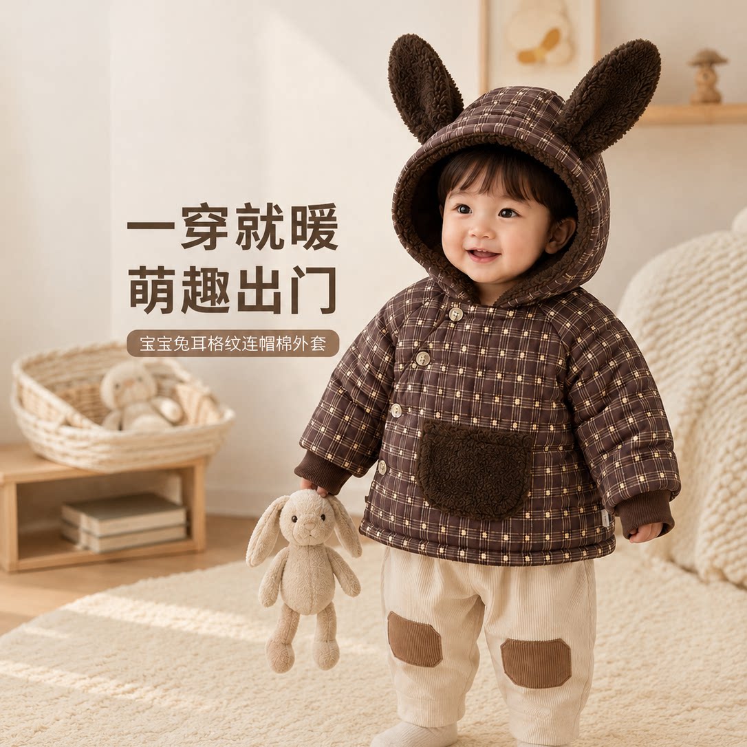 宝宝复古棉服冬装男女童夹棉加厚格子棉袄婴幼儿韩版可爱加绒外套