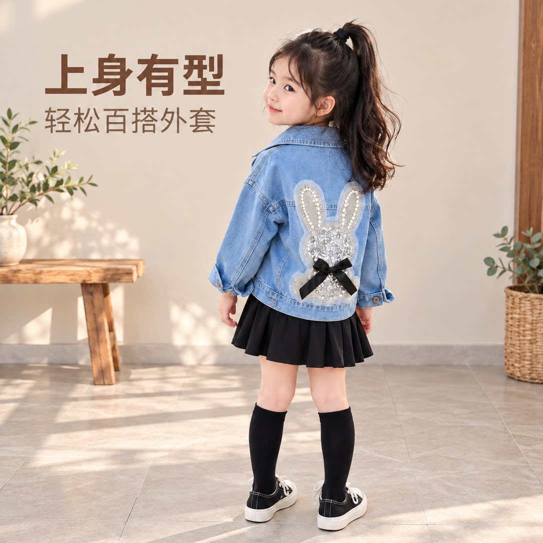 2026新款儿童外套儿童牛仔外套春秋新款兔子刺绣后背男女童韩版宽