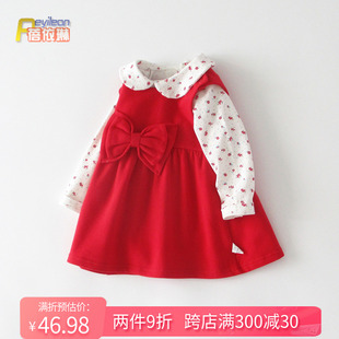 小女童宝宝春装 衣服1岁3 洋气公主婴儿春季 红色背带连衣裙两件套装