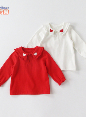 女童宝宝红色长袖T恤春秋薄款打底衫上衣服娃娃领婴儿公主秋装1岁