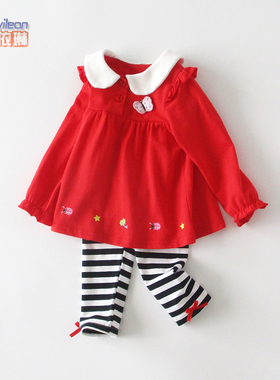 断码特价 小女童宝宝连衣裙两件套装春装一岁公主衣服红色春秋季