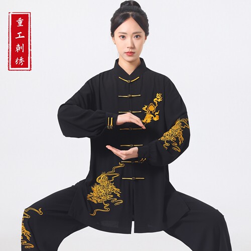 新款太极服女2026重工刺绣中长款八段锦武术练功服团队演出表演服