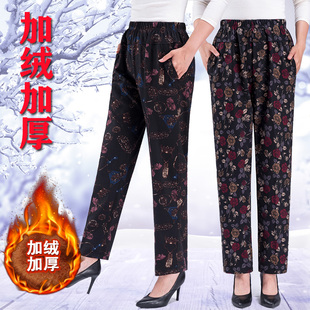 春秋老太太花裤 松紧腰直筒裤 秋冬加绒加厚妈妈休闲裤 中老年人女裤