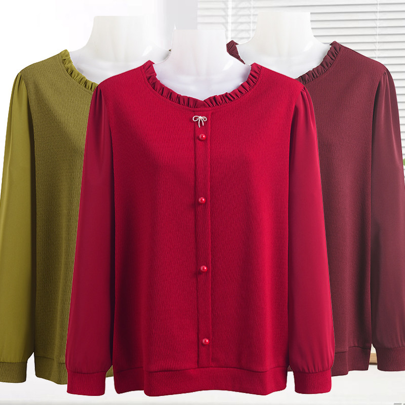 新款妈妈春装长袖针织小衫中老年女装宽松圆领洋气打底衫T恤上衣