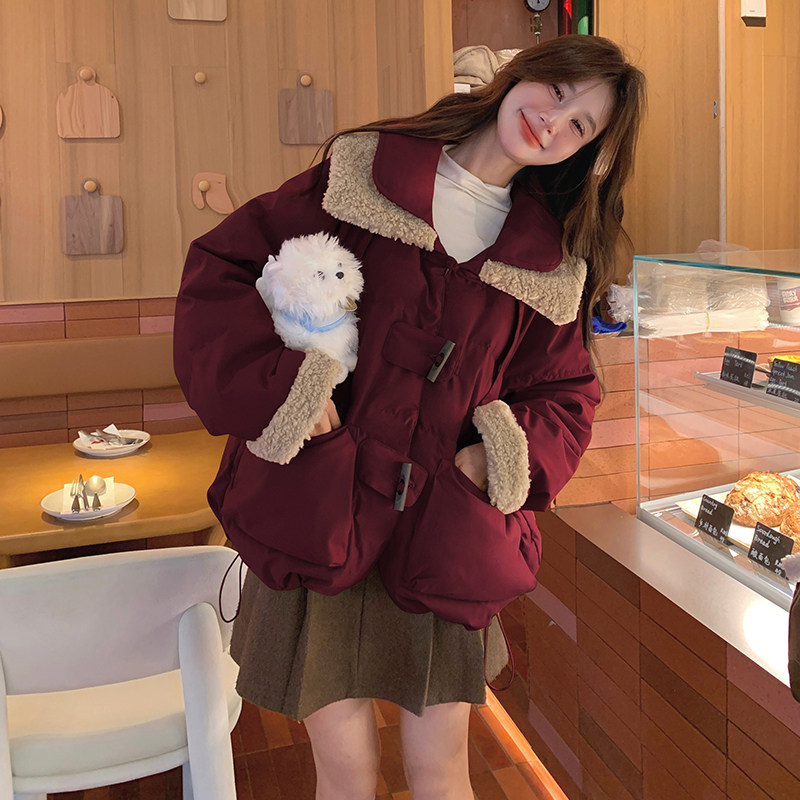 档口 酒红色安格拉红娃娃领棉服 2C189-8016-P185-K288图片