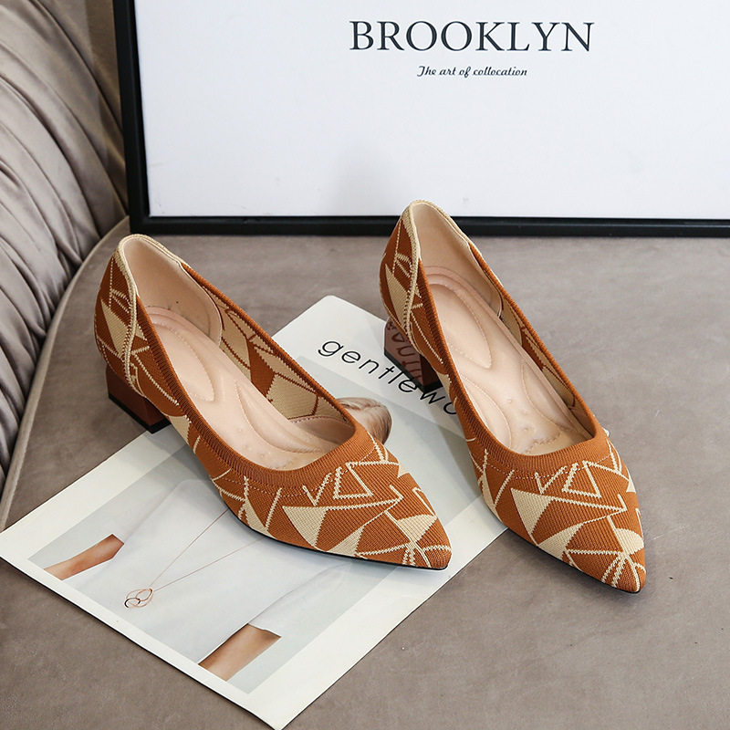 高跟王妃鞋单鞋跨境外贸豹纹飞织尖头粗跟浅口中跟编织高跟鞋女,女鞋,浅口单鞋,淘宝优惠券,粉丝福利购,淘宝优惠卷