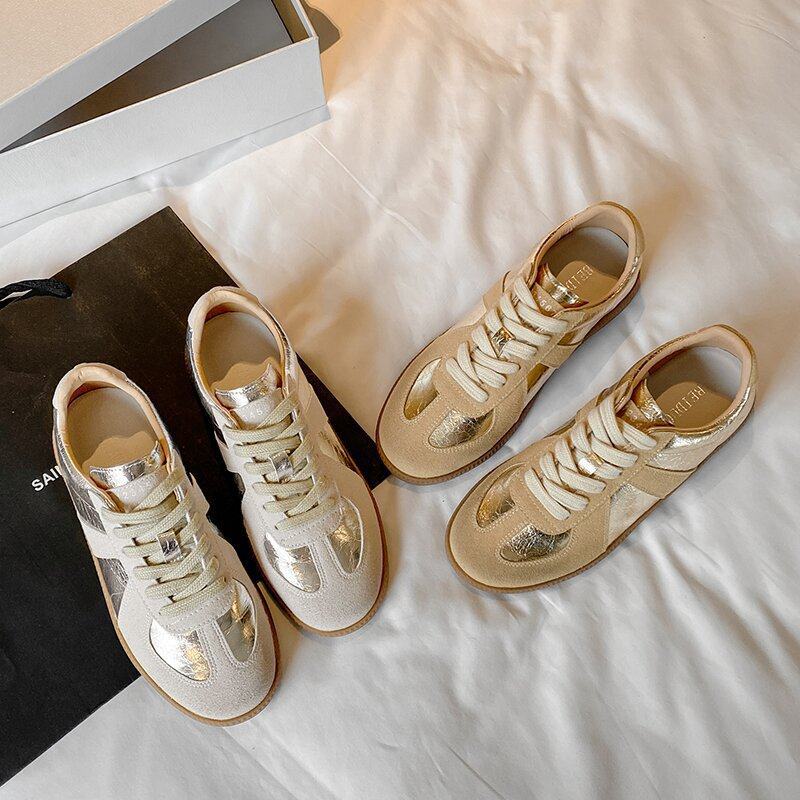 银色德训鞋女2025新款复古做旧真皮运动休闲板鞋百搭平底小白鞋女,女鞋,浅口单鞋,淘宝优惠券,粉丝福利购,淘宝优惠卷