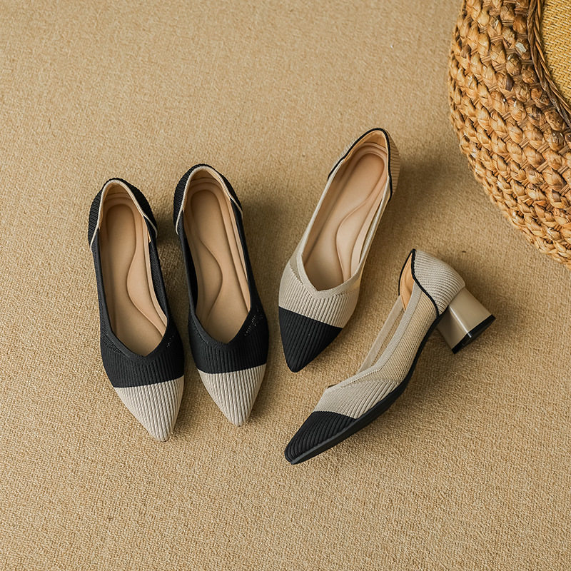 日系王妃鞋2023新款尖头鱼丝单鞋粗跟小香风针织飞织鞋镂空高跟鞋,女鞋,浅口单鞋,淘宝优惠券,粉丝福利购,淘宝优惠卷