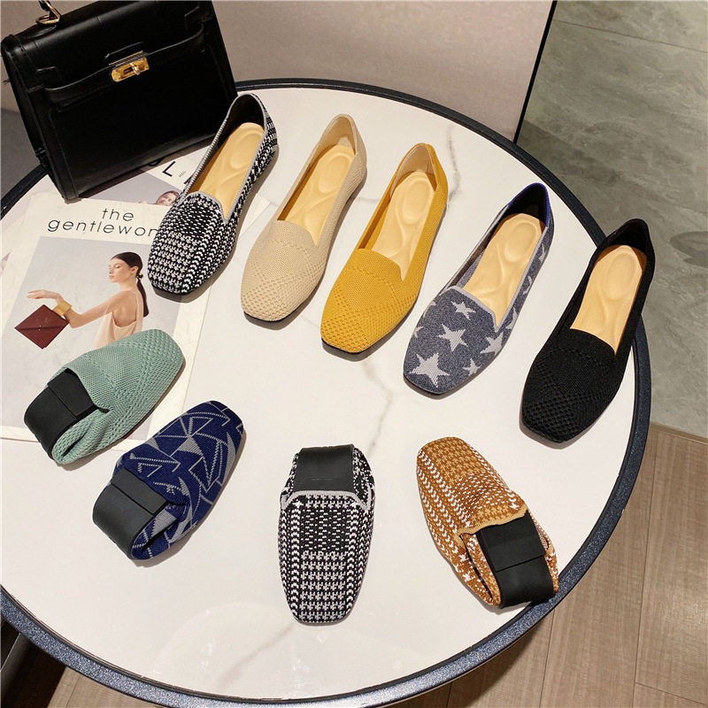 跨境外贸飞织平底单鞋女2021新款王妃同款浅口时尚软底方头豆豆鞋,女鞋,浅口单鞋,淘宝优惠券,粉丝福利购,淘宝优惠卷