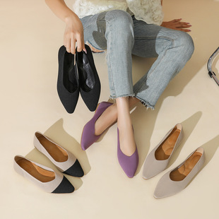 可机洗飞织王妃鞋外贸尖头针织透气裸穿鞋踩屎感鞋垫内车缝线平底