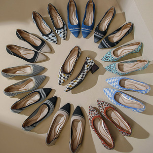 飞织王妃鞋透气欧美中跟粗跟尖头针织尖头软底单鞋编织女外贸春秋