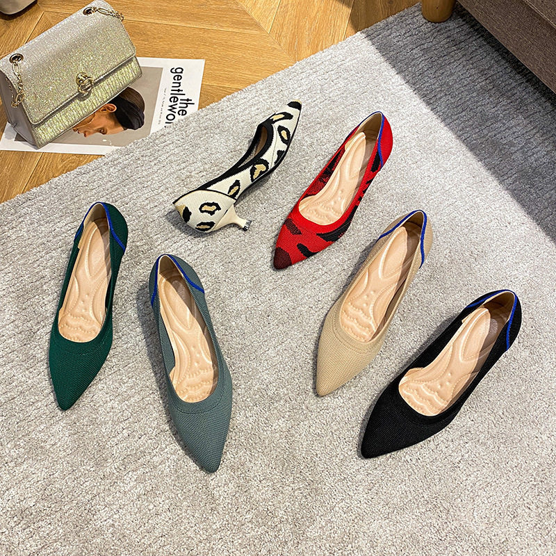 王妃同款单鞋女跨境直供春秋季豹纹低跟飞织高跟鞋细跟尖头小矮跟,女鞋,浅口单鞋,淘宝优惠券,粉丝福利购,淘宝优惠卷