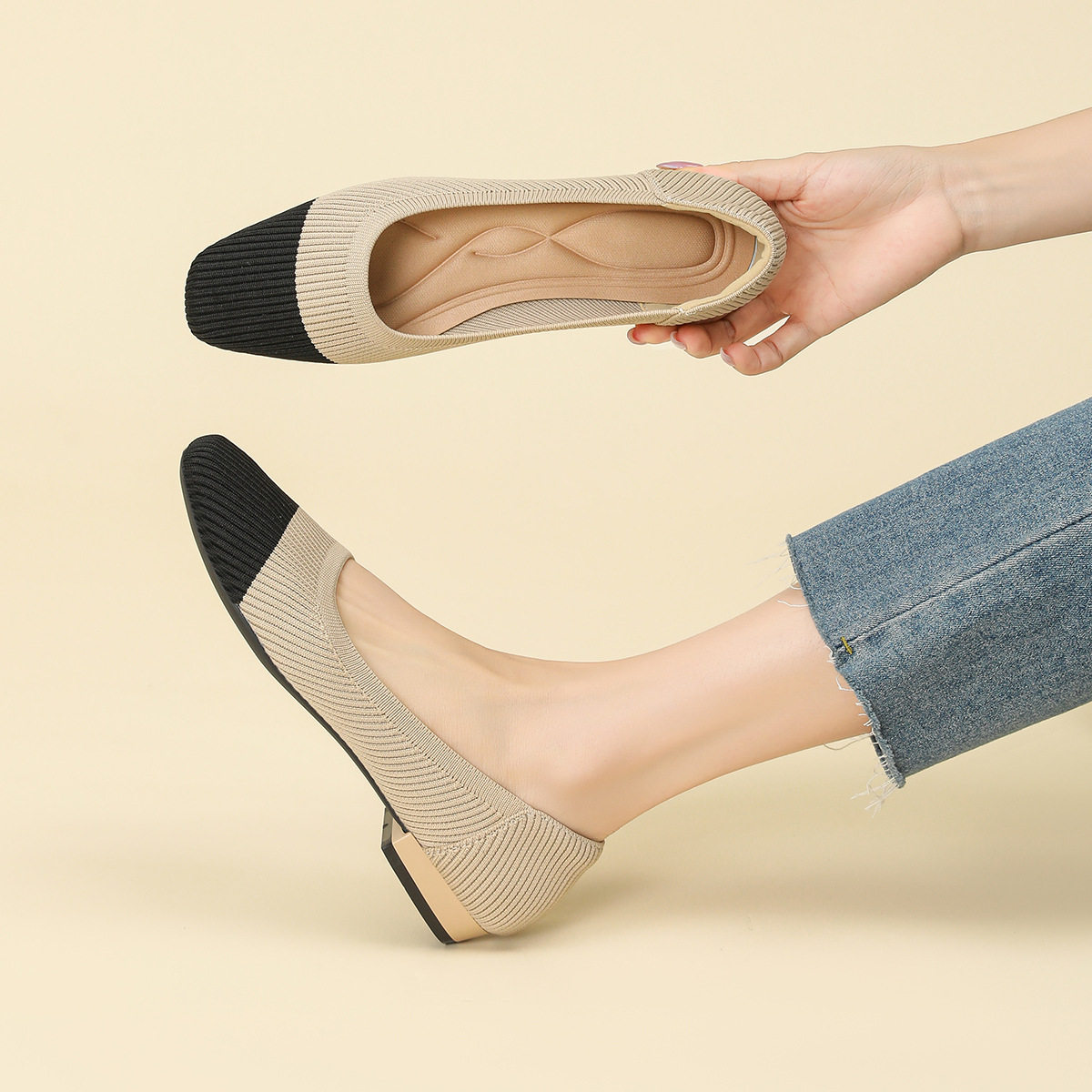 日系王妃鞋女夏季低跟方头浅口透气单鞋粗跟针织飞织鞋高跟鞋,女鞋,浅口单鞋,淘宝优惠券,粉丝福利购,淘宝优惠卷