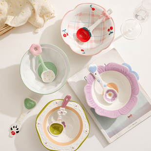 可爱花朵家用陶瓷面碗立体浮雕手绘釉下彩耐热餐具创意水果沙拉碗