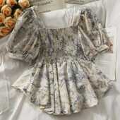 设计感泡泡袖 女夏季 上衣 雪纺衫 方领复古不规则扎染碎花遮肚子短袖