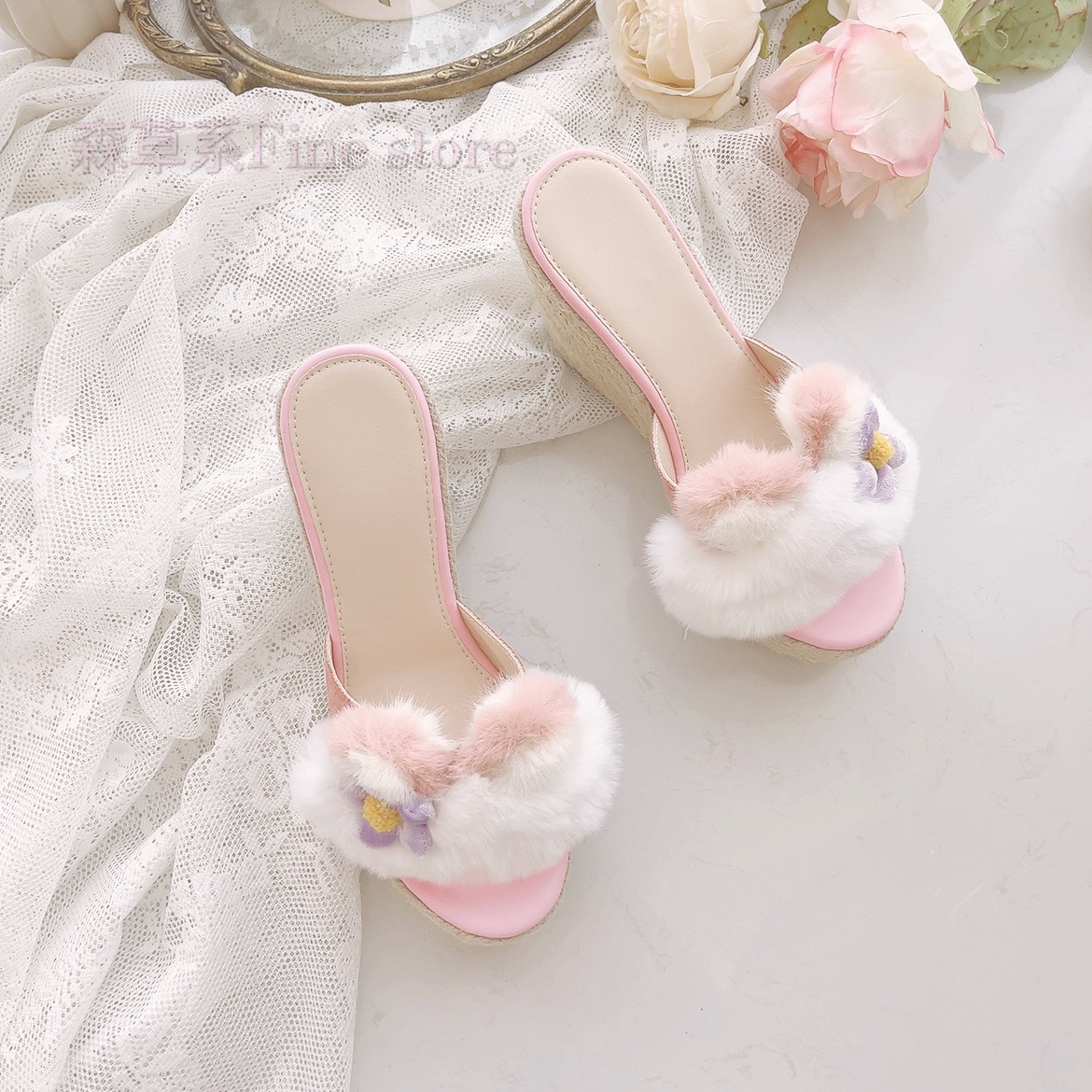 坡跟玲娜贝儿pu露趾显瘦凉鞋拖鞋