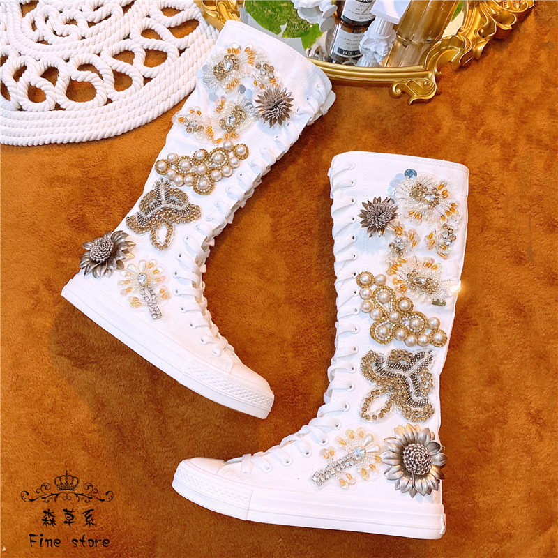 欧洲站新款重工水钻白色帆布鞋