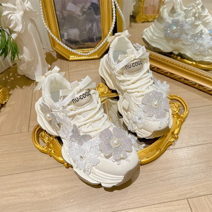 重工休闲鞋 复古蕾丝老爹鞋 厚底增高休闲镶钻小白鞋 新款 女2025春季