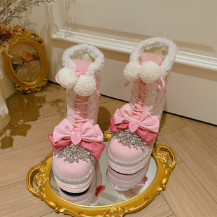 原创小众美拉德Lolita洛丽塔雪地靴可爱软糯蝴蝶结加厚增高棉靴女