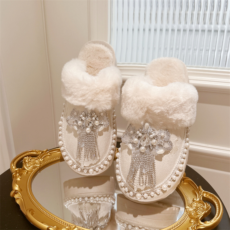 包头厚底居家毛毛拖珍珠镶钻半拖