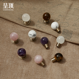 呈顶法式衣柜门把手抽屉厨房黄铜水晶大理石圆球橱柜古铜色小拉手