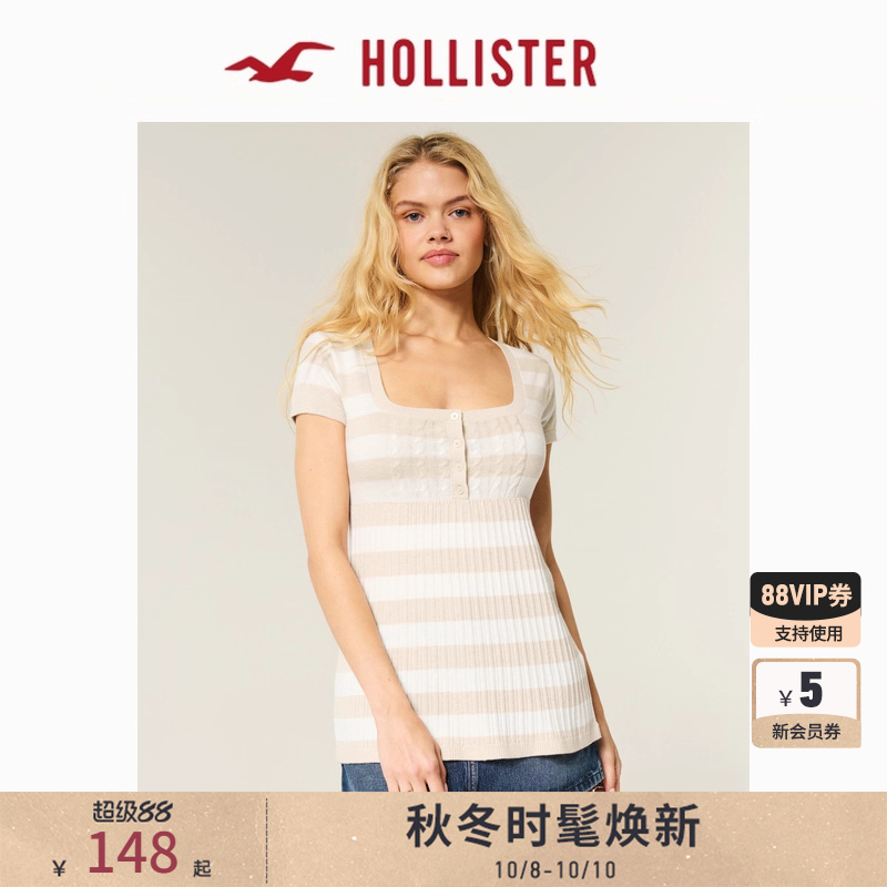 Hollister25秋新款美式甜美亨利领短袖针织衫上衣女装350-5123