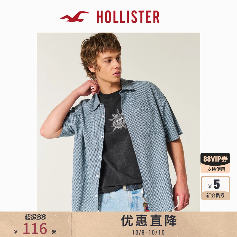 Hollister美式情侣格子短袖衬衫