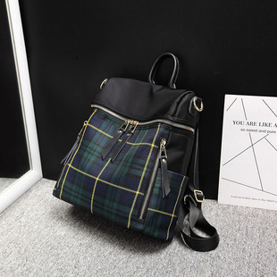 时尚帆布格子双肩包女 韩版新款大容量休闲全防水牛津布两用背包